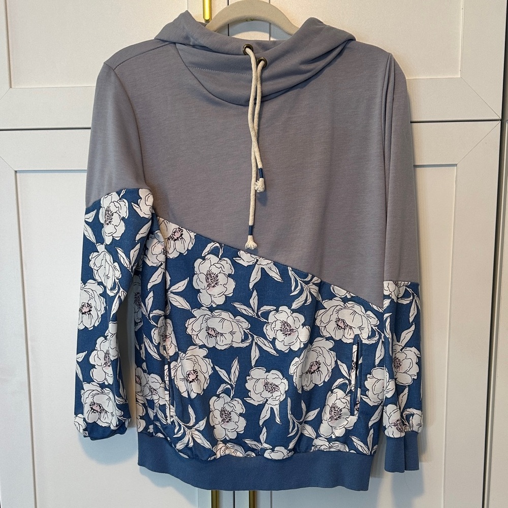 Floral Blue and Gray Women's Hoodie